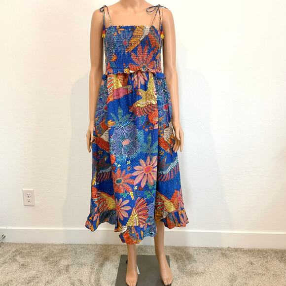 Farm Rio medium smocked poplin tropical beaded tie strap dress D1 2629 - Picture 9 of 9